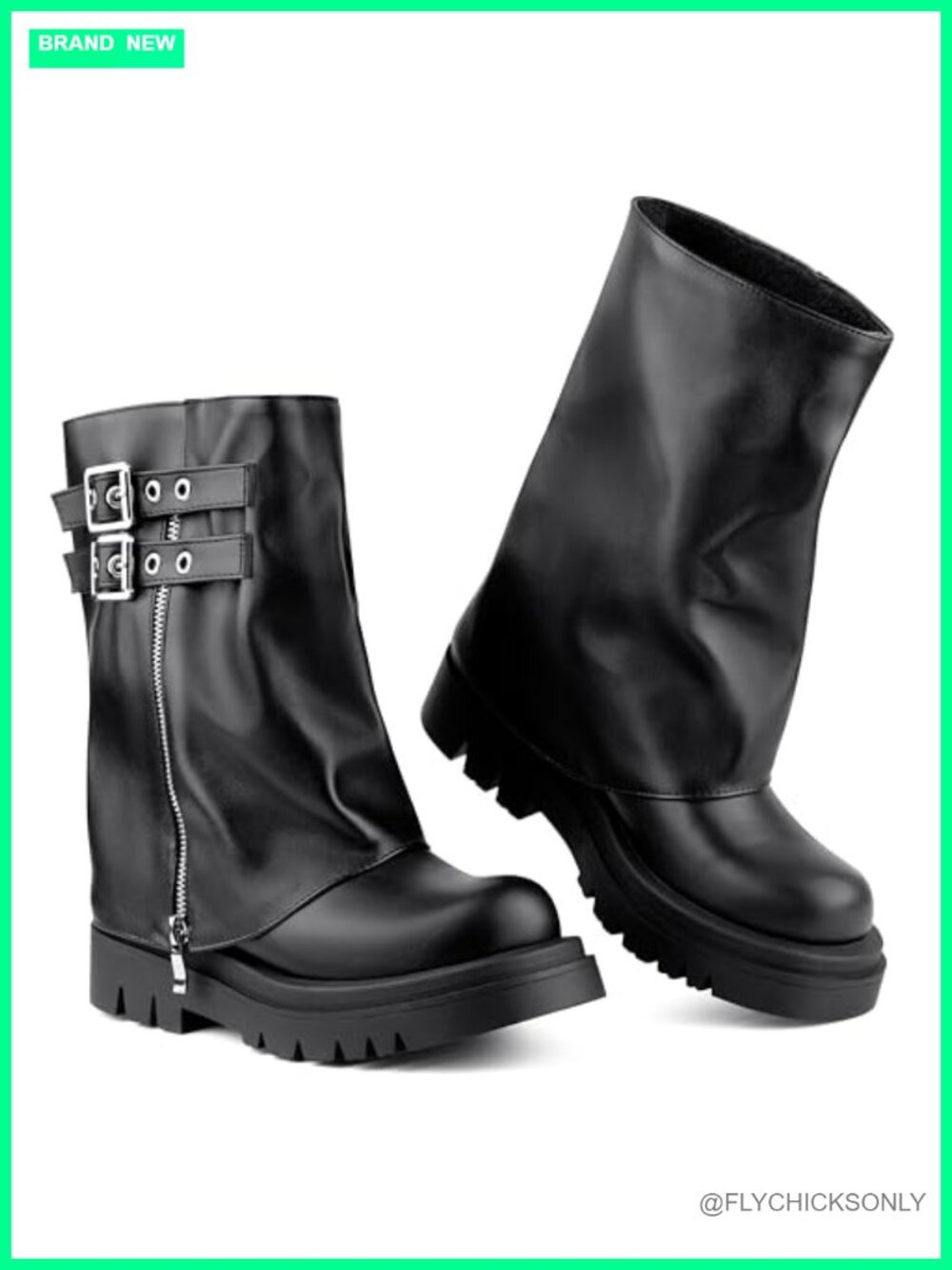 Mid Calf Slouchy Fold Over Moto Combat Boots Faux Leather Platform